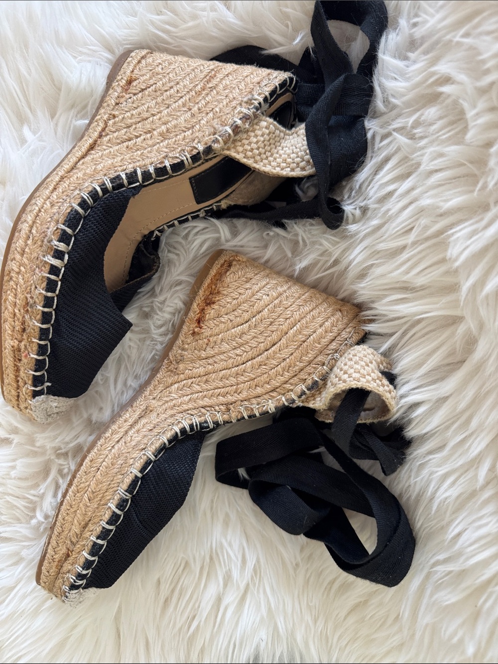 Zara Natural Jute Espadrille Wedges with Black Ankle Ties